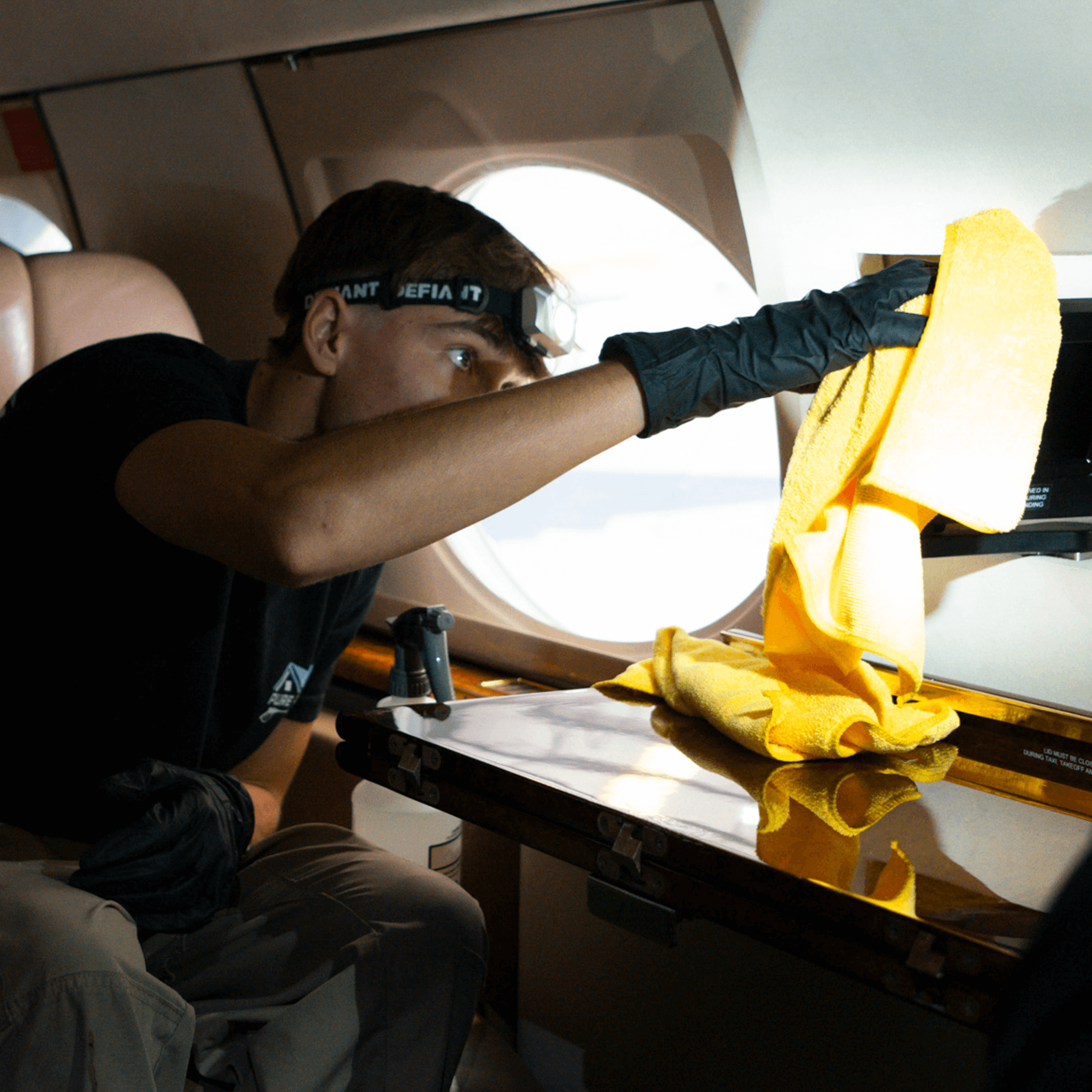 Aircraft interior detailing technician cleaning jet cabin table surface pure power aviation